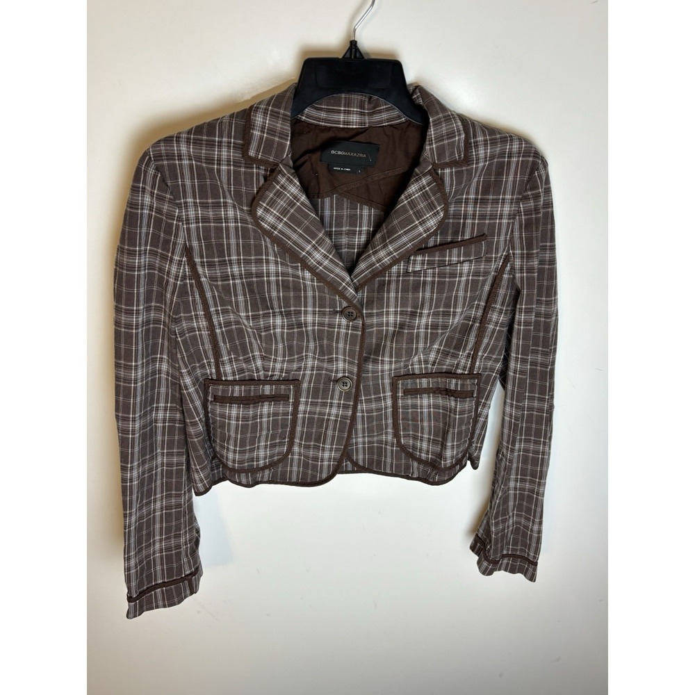 BCBG Max Azria Womens Blazer Large Plaid Button Down Jennifer Cropped Jacket